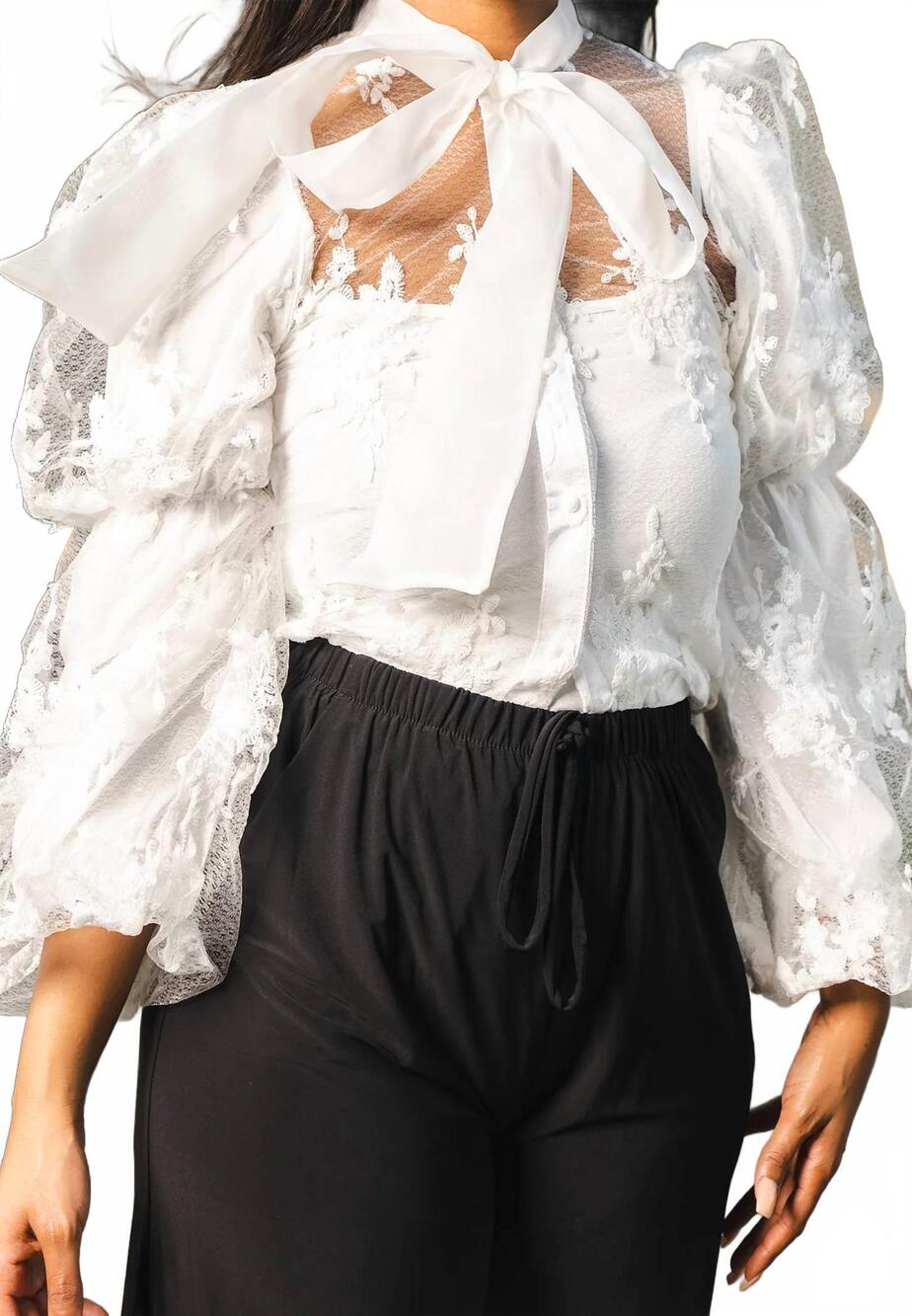 NEW N BY NANCY sheer long sleeve bow tie top in white